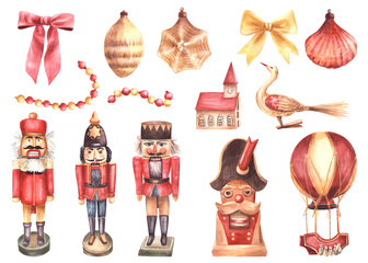 Vintage Christmas tree decorations set. Balls, nutcracker, hot air balloon and glass bird. Red and golden bows and garlands, festive decoration. Watercolor hand drawn illustration Isolated background
