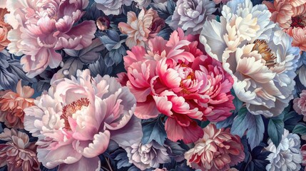 Beautiful Illustration of Peony Flowers. Romantic Wedding Celebration Background Wallpaper.