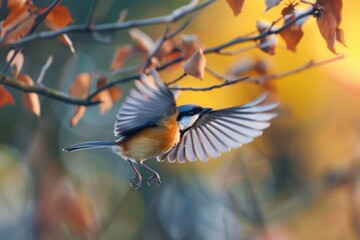 A bird taking off from a branch, with its wings blurred in motion but its body in sharp focus, highlighting the energy of flight 