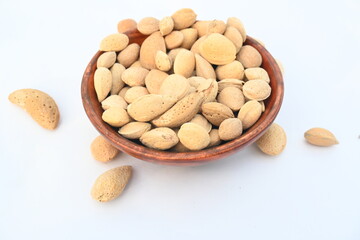Almond with shell. It's other name Prunus amygdalus and Prunus dulcis. The almond is also the name of the edible and widely cultivated seed of this tree. indian almond.