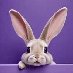Obraz premium Peeking rabbit on a purple background with copy space