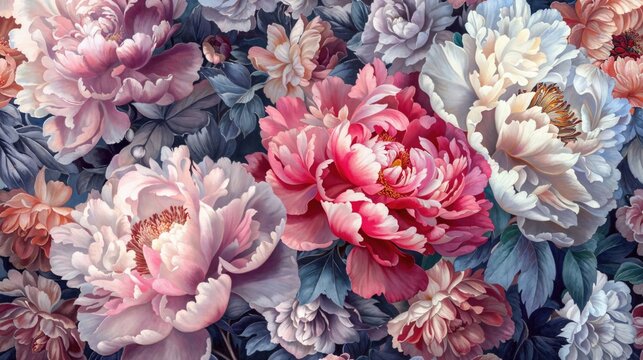 Beautiful Illustration of Peony Flowers. Romantic Wedding Celebration Background Wallpaper.
