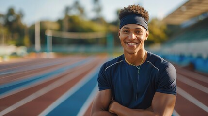 A young man smiles while standing on a running track.
