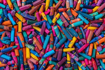 Fototapeta premium A chaotic yet colorful arrangement of crayons, tightly packed to fill the entire frame. The crayons come in a wide range of vibrant colors, creating a lively and creative background 