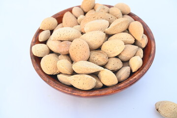 Almond with shell. It's other name Prunus amygdalus and Prunus dulcis. The almond is also the name of the edible and widely cultivated seed of this tree. indian almond.