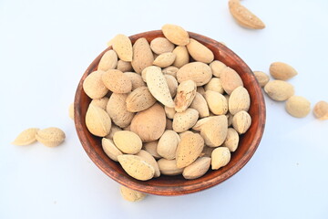 Almond with shell. It's other name Prunus amygdalus and Prunus dulcis. The almond is also the name of the edible and widely cultivated seed of this tree. indian almond.
