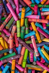 A chaotic yet colorful arrangement of crayons, tightly packed to fill the entire frame. The crayons come in a wide range of vibrant colors, creating a lively and creative background 