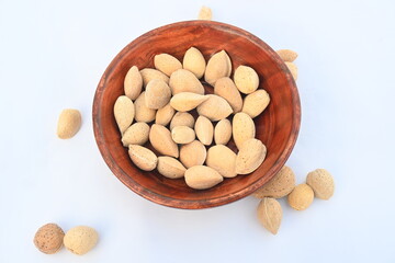 Almond with shell. It's other name Prunus amygdalus and Prunus dulcis. The almond is also the name of the edible and widely cultivated seed of this tree. indian almond.