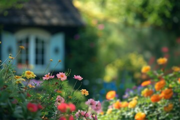Obraz premium A charming cottage garden filled with blooming flowers, with a softly blurred background of a quaint cottage