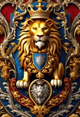 Fototapeta premium vibrant family coat arms proud symbols, crest, colorful, elements, shield, lion, crown, tree, heart, stars, wings, sun, moon, flag, eagle, sword, key