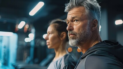 A man and woman in athletic wear train at the gym