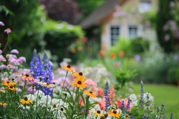 A charming cottage garden filled with blooming flowers, with a softly blurred background of a quaint cottage