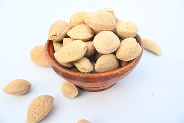 Almond with shell. It's other name Prunus amygdalus and Prunus dulcis. The almond is also the name of the edible and widely cultivated seed of this tree. indian almond.