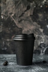 Elegant deep black paper coffee cup with a lid, highlighted by soft lighting