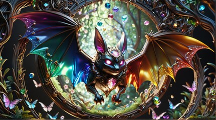 Naklejka premium Radiant Rainbow-Winged Mechanical Bat