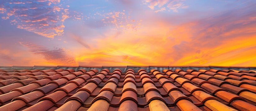 Clay tile roof against a vibrant sunset sky with an orange banner, allowing room for text.