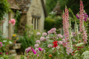Obraz premium A charming cottage garden filled with blooming flowers, with a softly blurred background of a quaint cottage