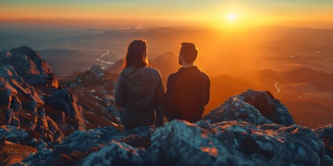 Obraz premium Young couple atop Mount Twatching captured by a drone at sunrise. Concept Mountain Scenery, Sunrise Photography, Drone Captured, Young couple, Adventure Portrait