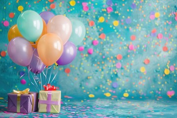 A festive backdrop for a childrens birthday party featuring balloons, confetti, and presents. Generative AI