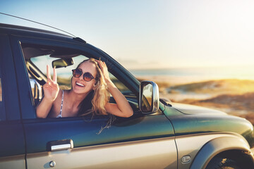 Smile, woman and travel with peace for road trip, transport window and vacation journey for adventure. Happy, female passenger and relax with sunglasses, driving and holiday fun to explore outdoor