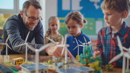 Wind turbine model in a primary school classroom Teacher explains how wind turbines and solar cells work. Sustainable and environmentally friendly renewable energy
