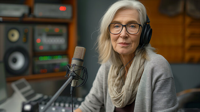 Mature woman sitting and recording a radio program