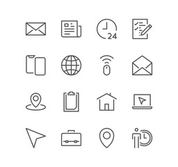 Set of contact related icons, phone, mail, location, calendar, user and linear variety vectors.	
