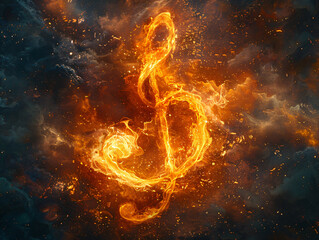 a dynamic of music, with a burning flame-like symbol representing the notes and a swirling blue background 