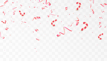 Colorful confetti and serpentine streamers fall from above. Festive background, vector tinsel on transparent in modern style for web design and illustrations.