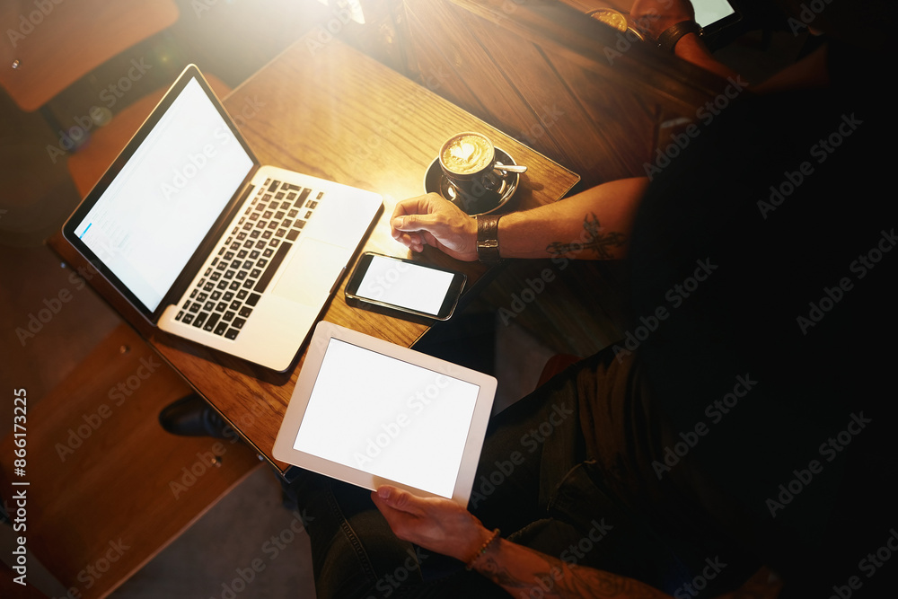 Poster above, hands and technology at night for research, reading and networking or social media. software 