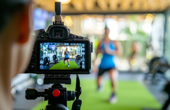 Camera recording a fitness influencer during a workout session in a gym