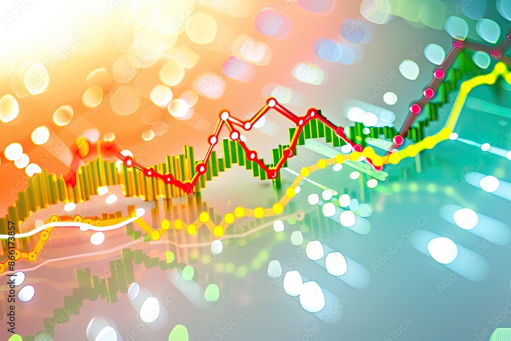 Poster colorful financial graph with various data points and glowing bokeh background, illustrating market 
