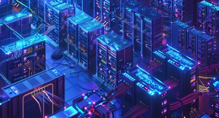 High-tech server racks and data center with vibrant blue and purple lights