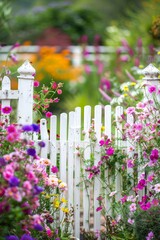 A garden gate covered in blooming flowers, with a softly blurred background of a vibrant garden 