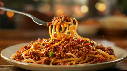 A photorealistic image of a twirled fork of spaghetti bolognese held above a plate filled with the meal, showcasing the meaty sauce and vegetable chunks.