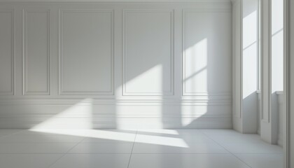 Fototapeta premium Abstract white studio background for product presentation. Empty room with shadows of window. Display product with blurred backdrop. potted plant