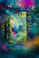 Obraz premium A garden gate covered in blooming flowers, with a softly blurred background of a vibrant garden 