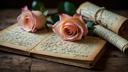 Aromatic elegance of roses intertwined with vintage love letters. Romantic echoes from a bygone era. Perfect for historical novels.
