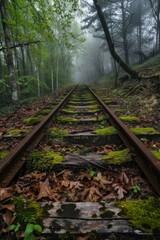 Abandoned railway tracks in a forest covered with autumn leaves	