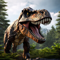 Fototapeta premium a roaring Tyrannosaurus Rex dinosaur with sharp teeth and claws.
