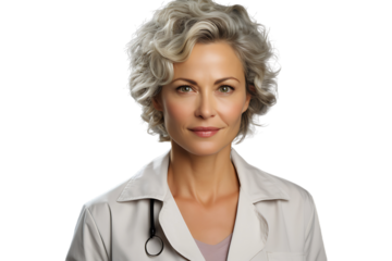 Middle aged woman with doctor uniform Isolated on transparent background