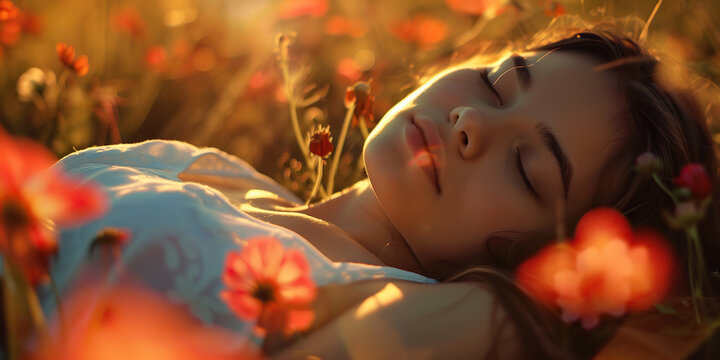Close up of young beautiful girl relaxing in a meadow with flowers. August 15 Relaxation Day - Powered by Adobe