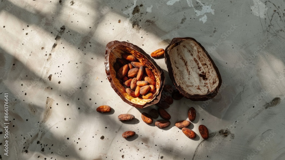 Poster sunlit cocoa beans in their shell