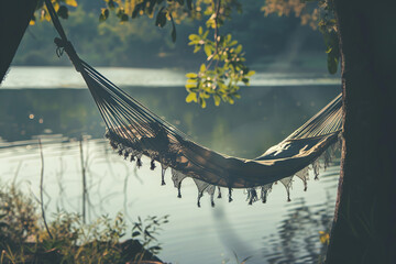 Close up of  summer morning on the lake with a hammock for National Relaxation Day on August 15
