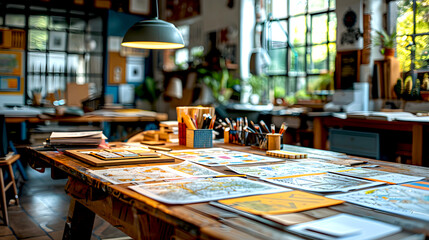 Obraz premium Creative artist's studio with a cluttered desk covered in drawings, sketches and art supplies