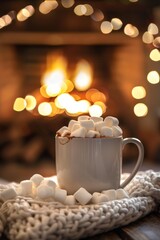 A mug of hot chocolate topped with marshmallows, with a softly blurred background of a cozy winter scene by the fireplace. 