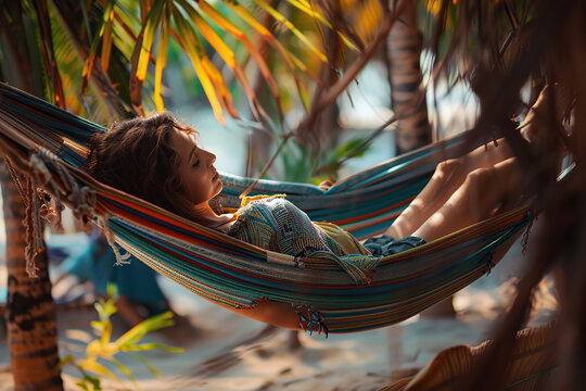 Woman relaxing in hammock outdoors on summer day, closeup. Relaxation Day on 15th August - Powered by Adobe