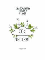 Hand drawn cartoon sketch of Carbon emissions reduction sign with Emission levels CO2. Carbon dioxide. Illustration of Environmentally friendly planet. 
