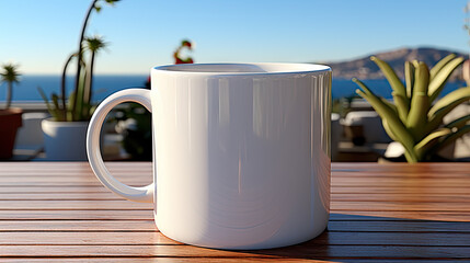 a white coffee cup is on top of a table, in the style of realistic blue skies. Created with generative AI