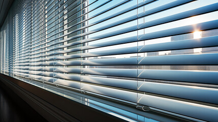 horizontal blinds in a modern office, with slats partially open to filter natural light. Created with generative AI